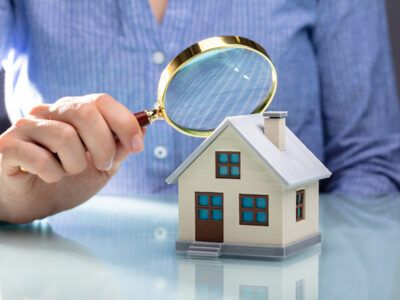 inspecting a miniature house using magnifying glass